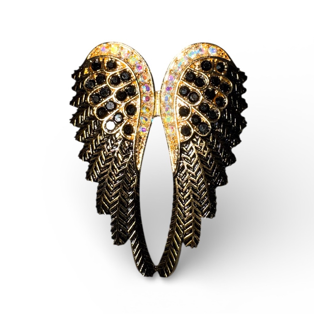 Black Wing Brooch with Rhinestones in Gold Tone
